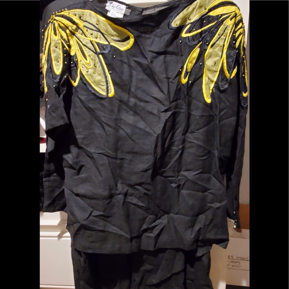 NWT VINTAGE Lily Choa Black & yellow linen shirt set hand made designs  12/46
